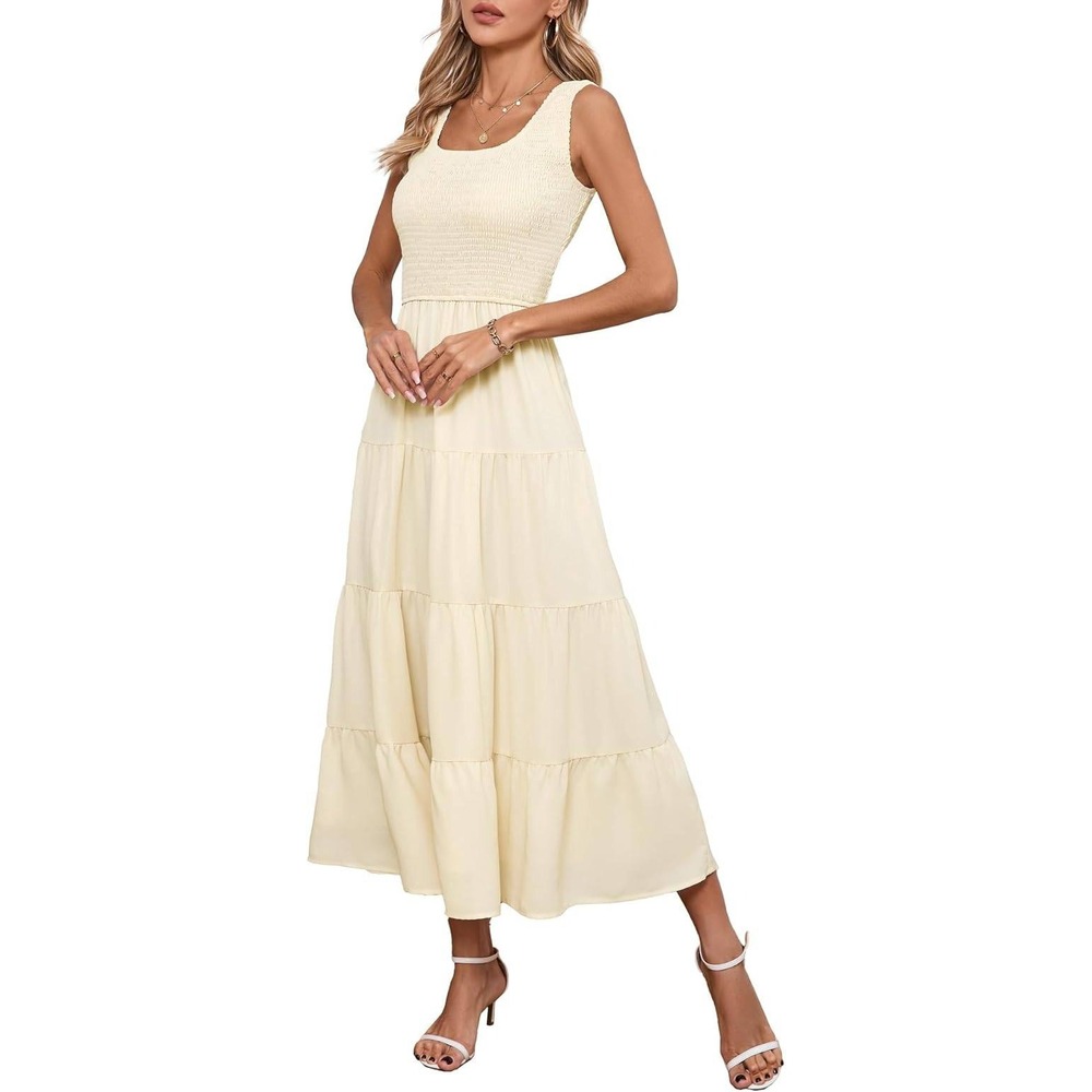Womens Smocked Tiered Maxi Dress Butter Yellow Square Neck Sleeveless Sundress